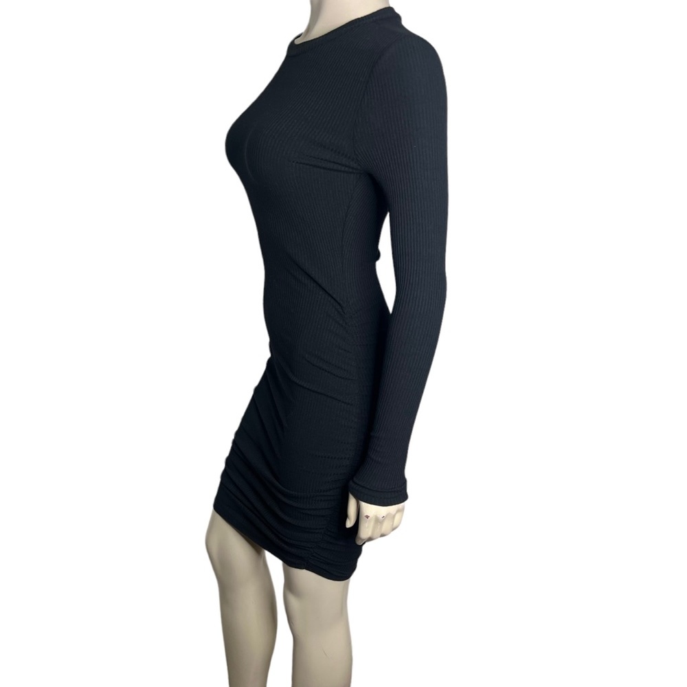 Black Ribbed Long Sleeve Side Ruched Mini Bodycon Dress - Picture 3 of 9